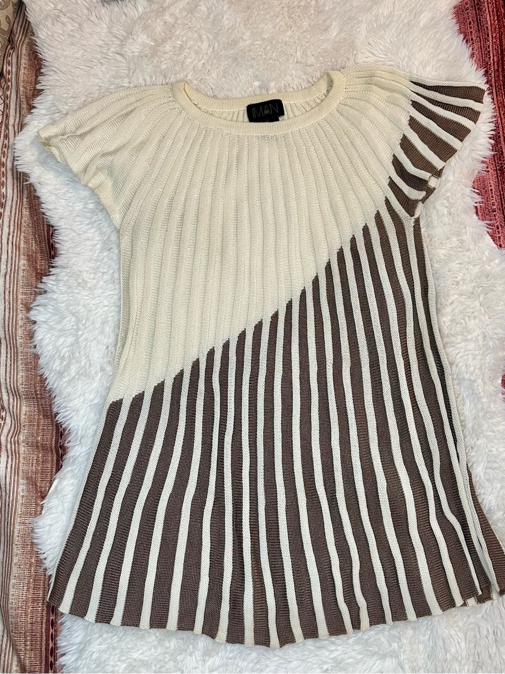 Vintage IMAN Ribbed Knit Tunic Top XS Brown Cream Striped Y2K Mini Dress - Picture 2 of 10